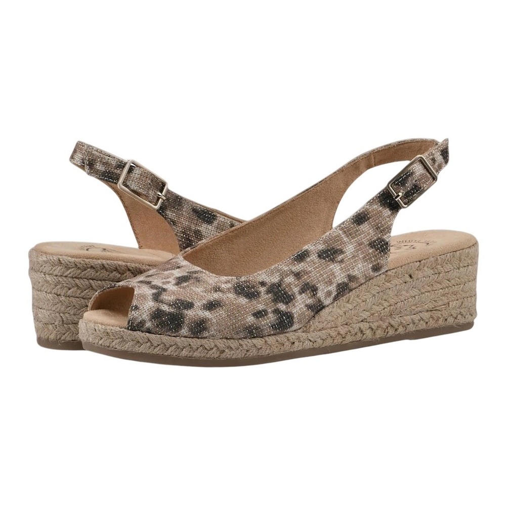 White Mountain Women's 10 Maize Leopard Fabric Peep Toe Espadrille Wedge Sandals